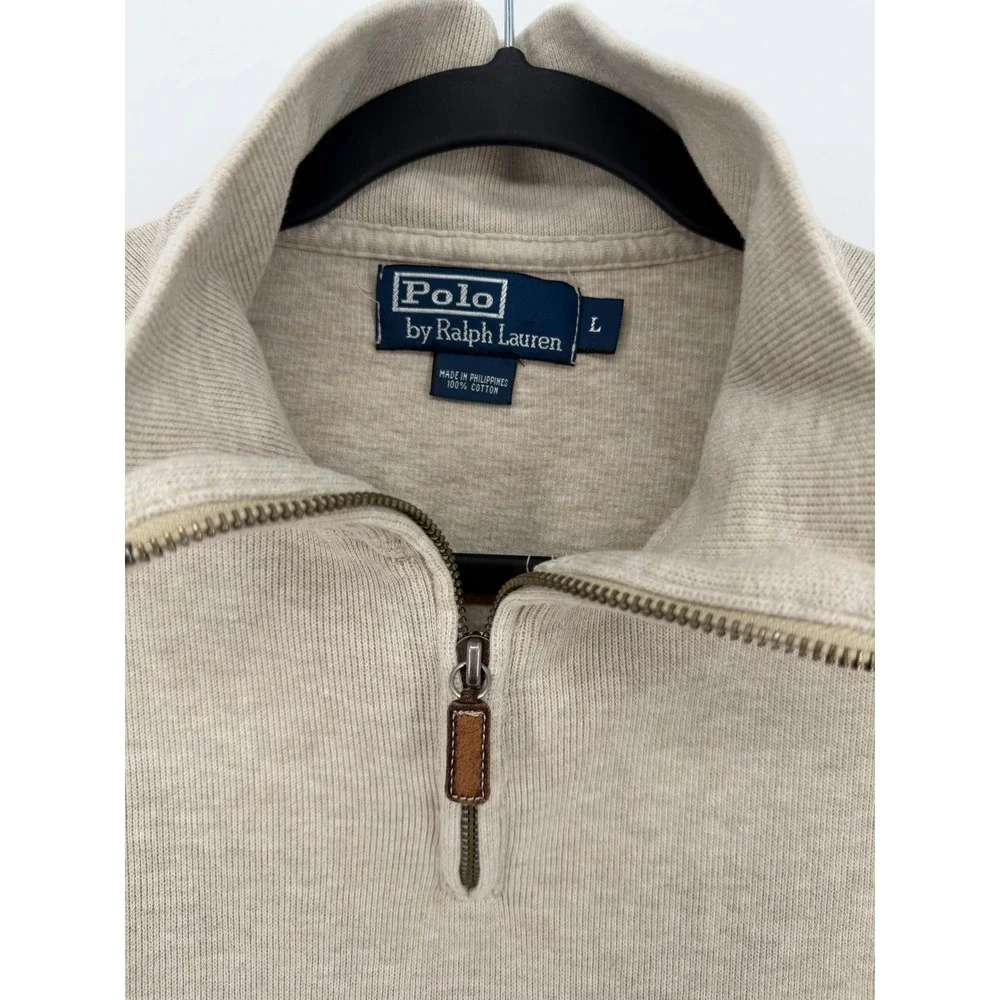 Polo Ralph Lauren Sweater Quarter Zip Large Beige Cotton Ribbed Knit Pullover
